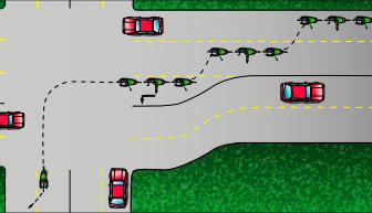 Illustrating the proper way to change lanes to move into position for a left turn at an intersection. Always be sure to check for traffic and then signal before making any changes.