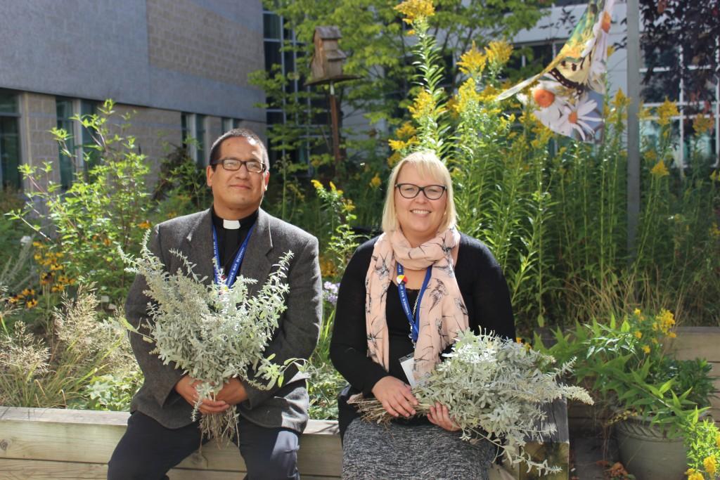 Spiritual Care Providers Michael Robinson and Lisa Laitinen-Egbuchulam harvested Sage from the outdoor Spirit Garden at TBRHSC. Sage is one of four sacred medicines and is used by Robinson in traditional Aboriginal ceremonies, including regularly provided smudging services.