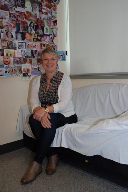 Lactation Consultant Liana Pretto sits on the breastfeeding couch in her office at the Maternity Centre at TBRHSC.