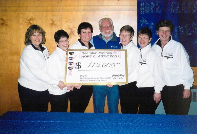 A photo from the Bearskin Airlines Hope Classic archives showing the organizing committee, with Linda Buchan (third from the left) at her final cheque presentation in 2001. This year marks the 20th Bearskin Airlines Hope Classic from February 5-7. To date, this fun curling bonspiel has raised close to $3 million for breast cancer services in Northwestern Ontario, including The Linda Buchan Centre for Breast Screening and Assessment at Thunder Bay Regional Health Sciences Centre.