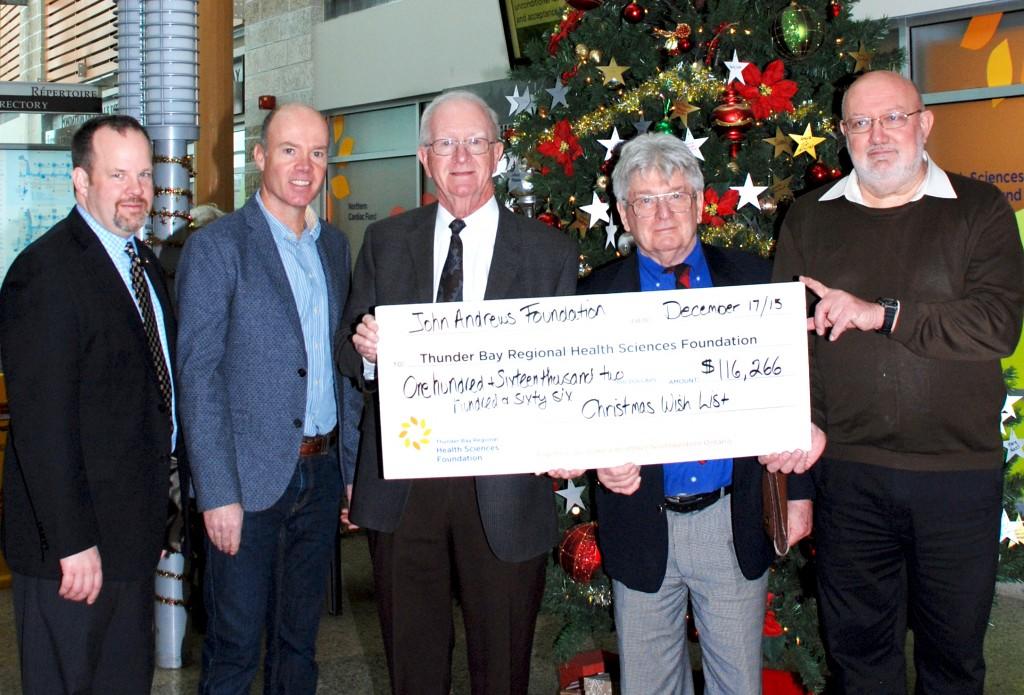 The John Andrews Foundation showed the true, giving spirit of Christmas when they made a donation of $116,266 to vital healthcare equipment on the Health Sciences Foundation’s Christmas Wish List, as well as to a YAG laser for ophthalmology at the Health Sciences Centre. Pictured, from the John Andrews Foundation are (l-r), Alexander Paterson, President, Dr. Donald Henderson, Treasurer and Allan McKitrick, Chairman and Secretary, with (left) Glenn Craig, President & CEO, Thunder Bay Regional Health Sciences Foundation and (right) Dr. Mark Henderson, Acting Interim President & CEO, Thunder Bay Regional Health Sciences Centre.