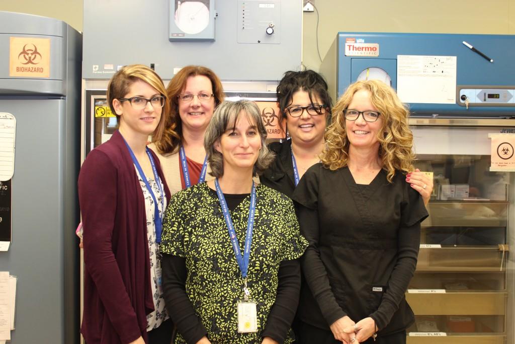 The Laboratory Services team at TBRHSC was recently recognized as best performers by the Canadian Blood Services and the Ontario Blood Coordinating Network. From left to right: Savana Marino, Quality & Compliance Charge Technologist; Michele Miller, Acting Director of Diagnostic Services; Janet Sharun, Coordinator of Transfusion Services; Georgia Carr, Manager of Laboratory Services; Sandy Trevisanutto, Coordinator of Haematology & Flow Cytometry.