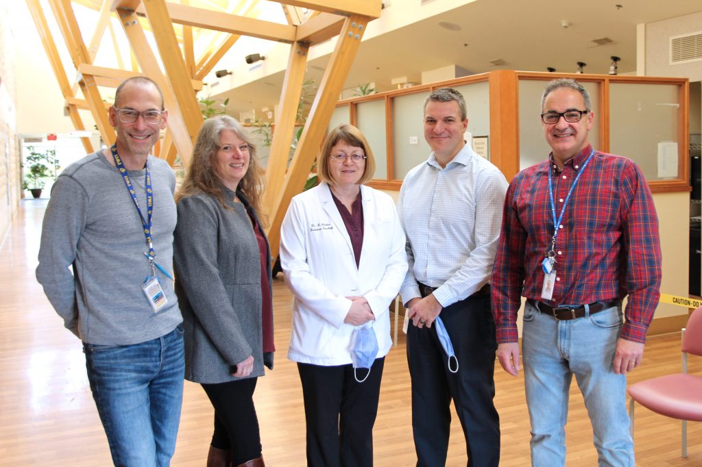 Staff members recognized for the Remote Treatment Planning initiative include (pictured L-R) Patrick Rapley, Mellissa Linke, Margaret Anthes, David McConnell, Isaac Tavares. Missing: Diane Brett, Melanie Zappitelli, Peter McGhee, Helen Norton, Joanna Vestby, Stacey Cervini, Cheryl Cummins-Holder.