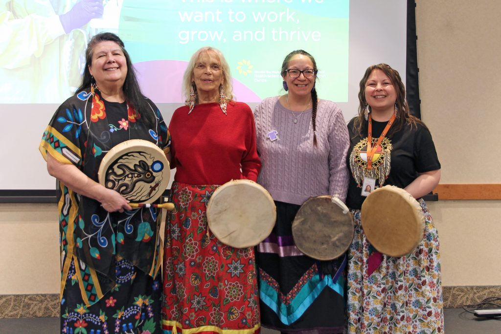 (L-R) Charlene Bourdeau Waboose, Celina Reitberger, Natalie Hache and Annette Klement (Cultural Safety Educator, TBRHSC) of the All My Relations Drum Group.