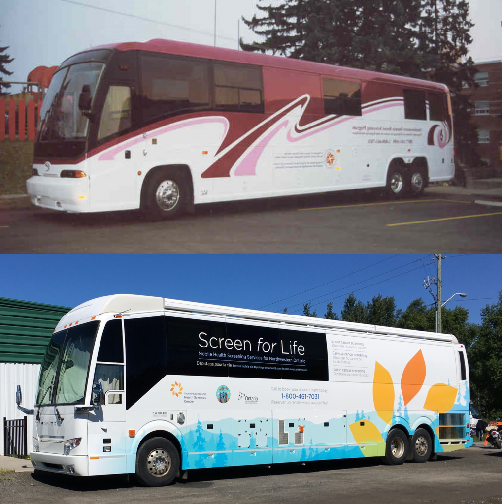 The mobile cancer screening coach began touring Northwestern Ontario (NWO) in 1992 (top), offering mammograms to women who met the eligibility criteria for breast cancer screening. After more than 30 years and four coach upgrades, mammography is still offered in NWO on the current Screen for Life Coach (bottom).